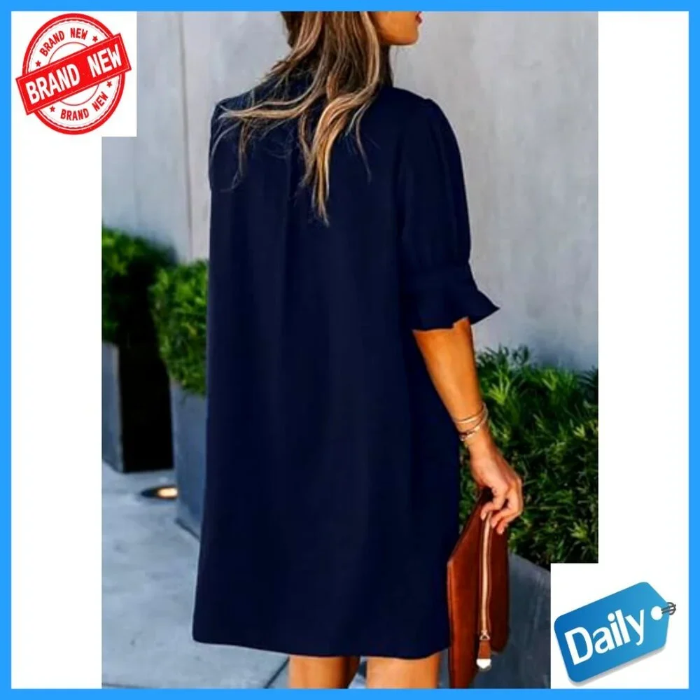 Knee-Length V-Neck Shift Dress with Ruffle Sleeves, Polyester Casual Summer Wear - Picture 3 of 7